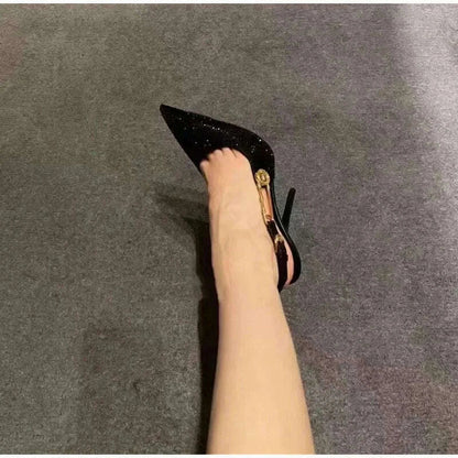 Spring Summer Fashion Shoes Luxury Rhinestones Sequined Buckle Women Pumps Elegant Pointed toe Slingbacks Stiletto High heels