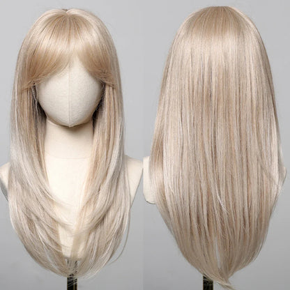 ALAN EATON Chestnut Brown Synthetic Wig with Bangs Long Straight Wig Natural Layered Hair Smooth Soft Daily Wig Heat Resistant