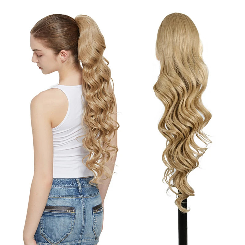 Julianna Synthetic Kanekalon Black Drawstring Water Wave Ponytail Extension Female Curly Wavy Clip In Ponytail Hair Extension