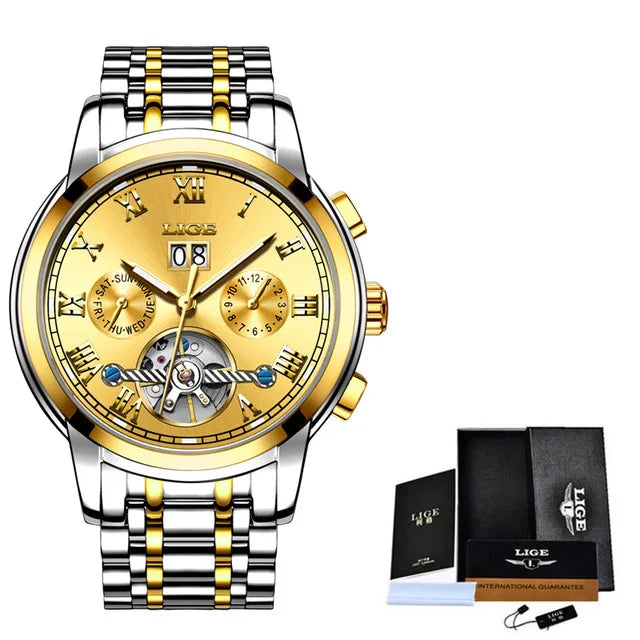 LIGE Luxury Mens Watches Automatic Watch for Men Tourbillon Wristwatch Waterproof Mechanical Watch Date Clock Relogio Masculino
