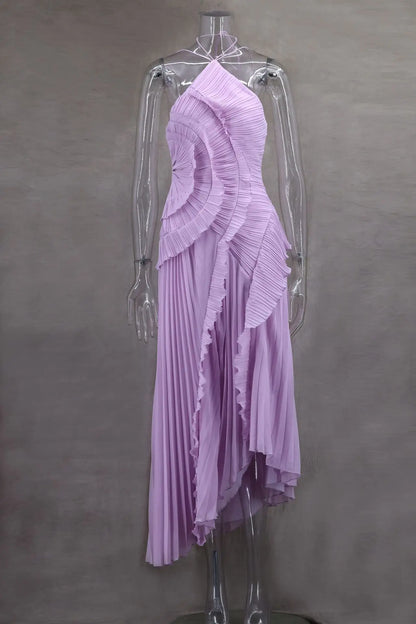 Chiffon Pleated Patchwork Sleeveless Summer Dress Women Elegant Halter Backless Split Maxi Dress Ladies Party Evening Dress 2025