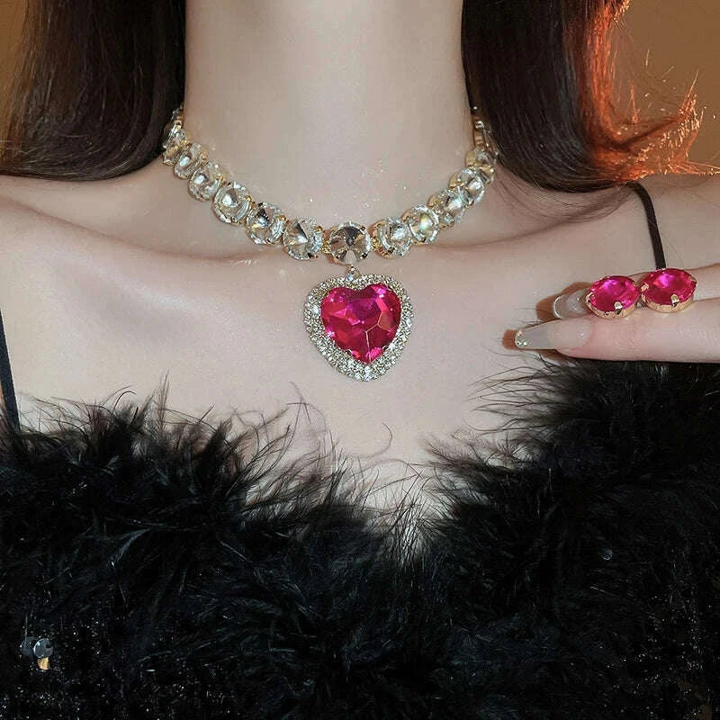 Romantic Heart Pendant Necklace Earrings Set Luxury Rhinestone Necklace Stud Earrings Jewelry Sets For Party Wedding Bridal