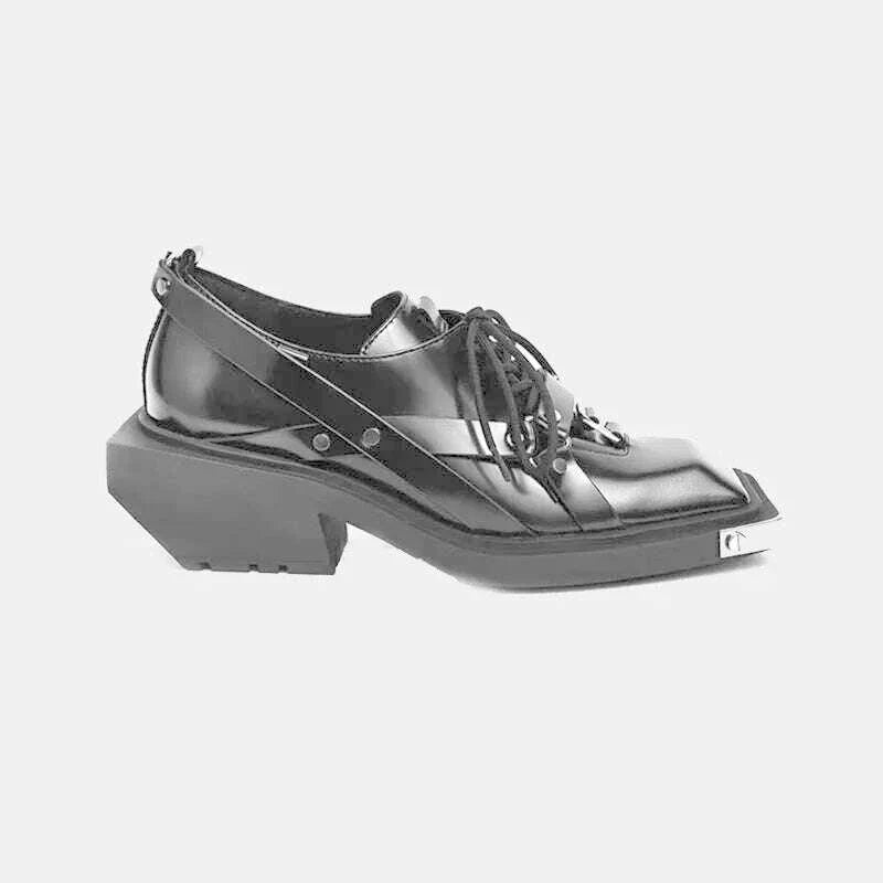 Women Shoes Spring Autumn New Metal Head Decorate Leather Loafers Women Bite Thick-soled Non-slip Square Head Wedge Men Shoes 44