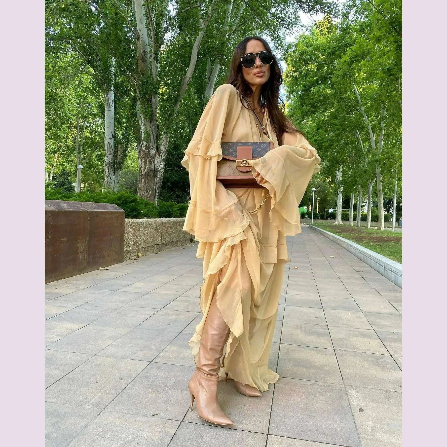 Tornova Chiffon Ruffled Long Dress For Women Flared Sleeves Long Sleeve V-Neck High Waist Dress Female Summer Casual Loose Dress