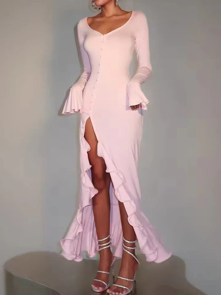 Mozision Flare Long Sleeve Ruffle Sexy Maxi Dress Women Autumn Pink V Neck Single-breasted High Waist Club Long Dresses Female