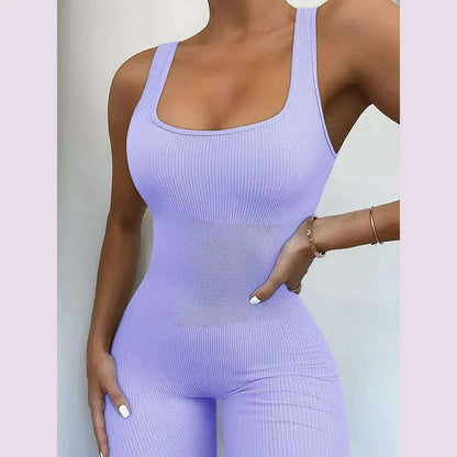 Women's Sleeveless Yoga Jumpsuit Exercise Ribbed Square Neck Vest High Waist  Fitness Sports One-piece Yoga Suit