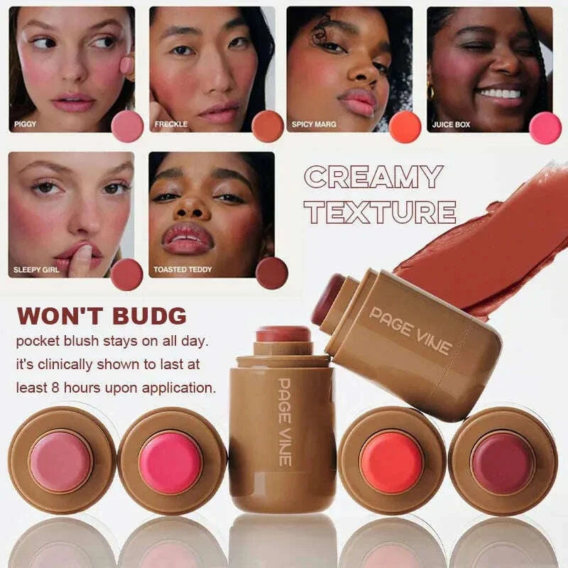 PAGE VINE Pocket Blush Stick Lip And Cheek Hydrating Stick Natural Rouge Powder Blush Cream Lipstick Cheek Easy To Apply Color