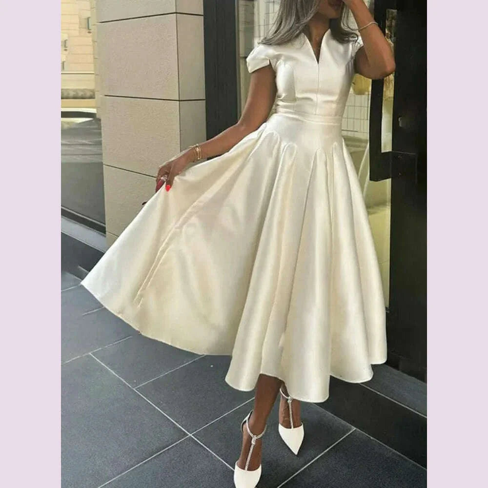 Freeacy Women's Elegant Dress V-neck Cap Sleeves Slim Fit A-line Party Dresses Solid Color High Waist Pleated Midi Dress