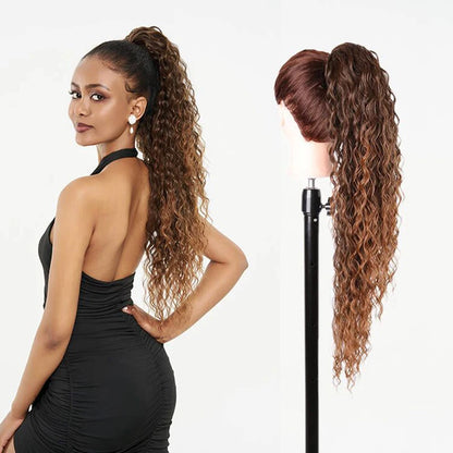 Julianna Synthetic Kanekalon Black Drawstring Water Wave Ponytail Extension Female Curly Wavy Clip In Ponytail Hair Extension