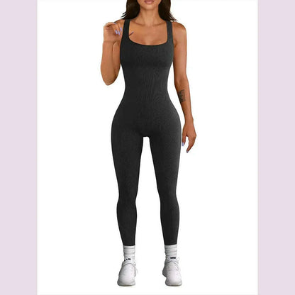 Women's Sleeveless Yoga Jumpsuit Exercise Ribbed Square Neck Vest High Waist  Fitness Sports One-piece Yoga Suit