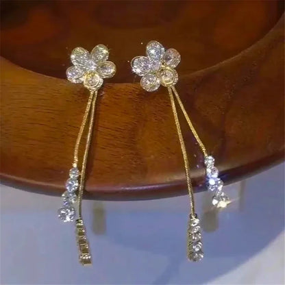 New Sweet Zircon Flower Long Tassel Pendant Stud Earrings for Women Elegant Exquisite Temperament Girls Birthday Gift Jewelry