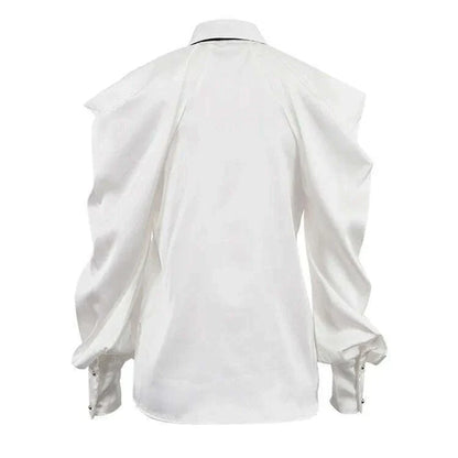 TWOTWINSTYLE Solid Loose Spliced Hollow Out Blouse for Women Lapel Long Sleeve Patchwork Single Breasted Top Female Clothing New