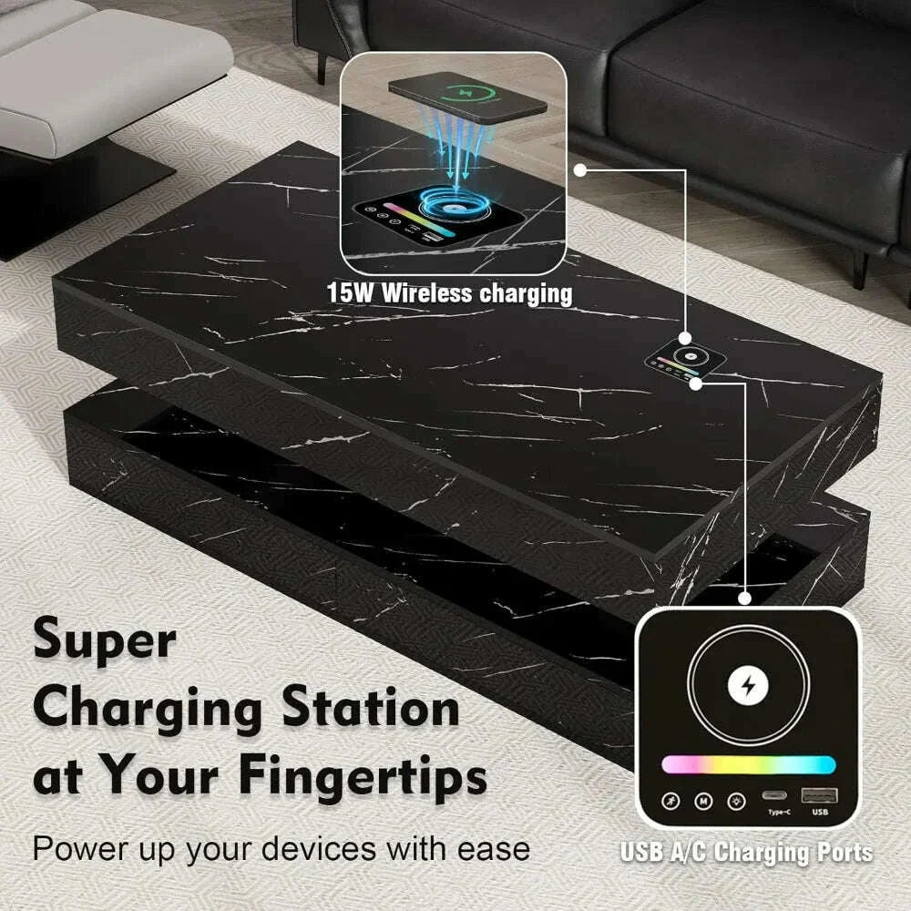 47" Modern LED Coffee Table with 2 Drawers, High Glossy Double-Layer Center Table with Wireless Charging and Built-in Bluetooth