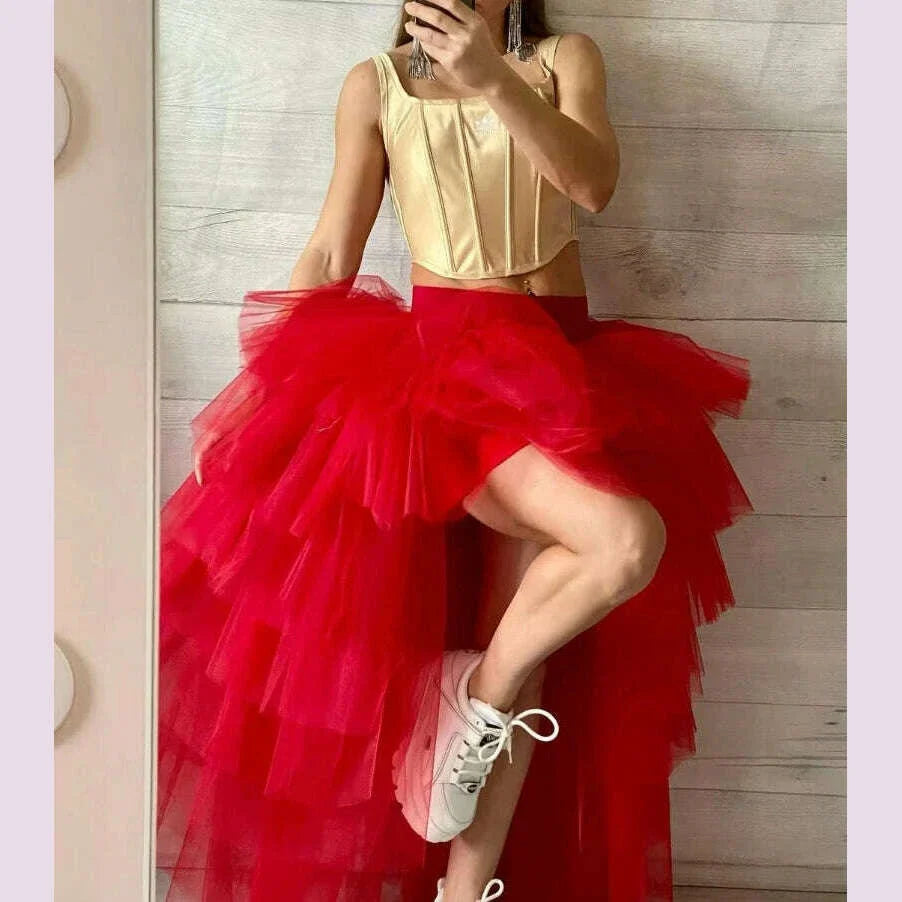 Women Tulle Petticoat Tiered High Low Elastic Waist Tutu Skirts Puffy Long Soft Net Gown Underskirt Prom Maxi Skirt Free Size