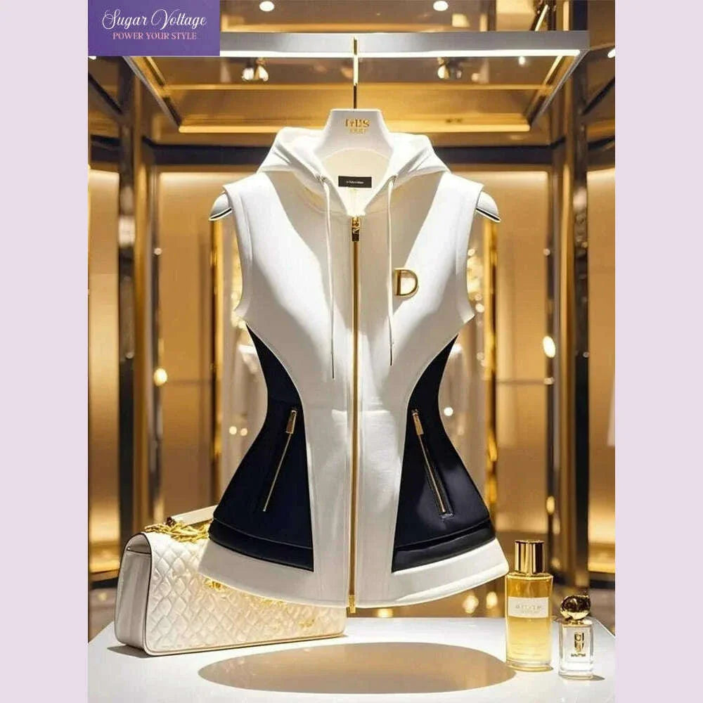 New Spring French Elegant High End Hooded Vest Coat Women Contrast Color Zipper Slim Jacket Temperament Ladies Causal Outwear