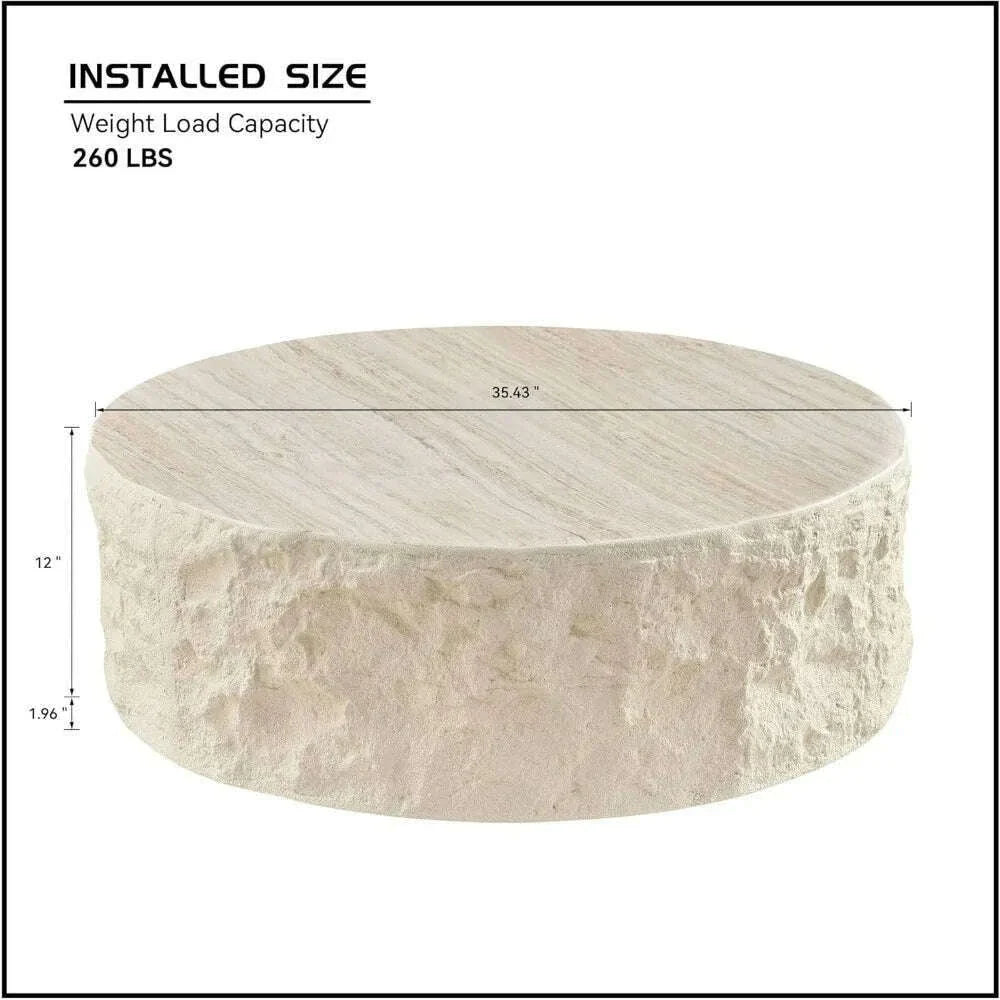 35.43'' Round Coffee Table, Fiberglass Vintage Center Table, Imitation Stone Table Front of The Sofa, Modern Coffee Table for Li