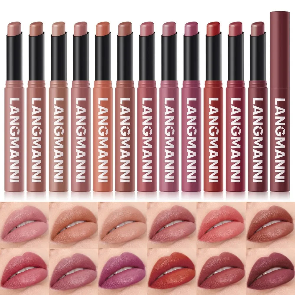 12 Color Matte Lipstick Pencil Waterproof Long Lasting Non-Stick Cup Lip Stain Tint Cosmetic Nude Lipstick Pen Makeup Maquillage