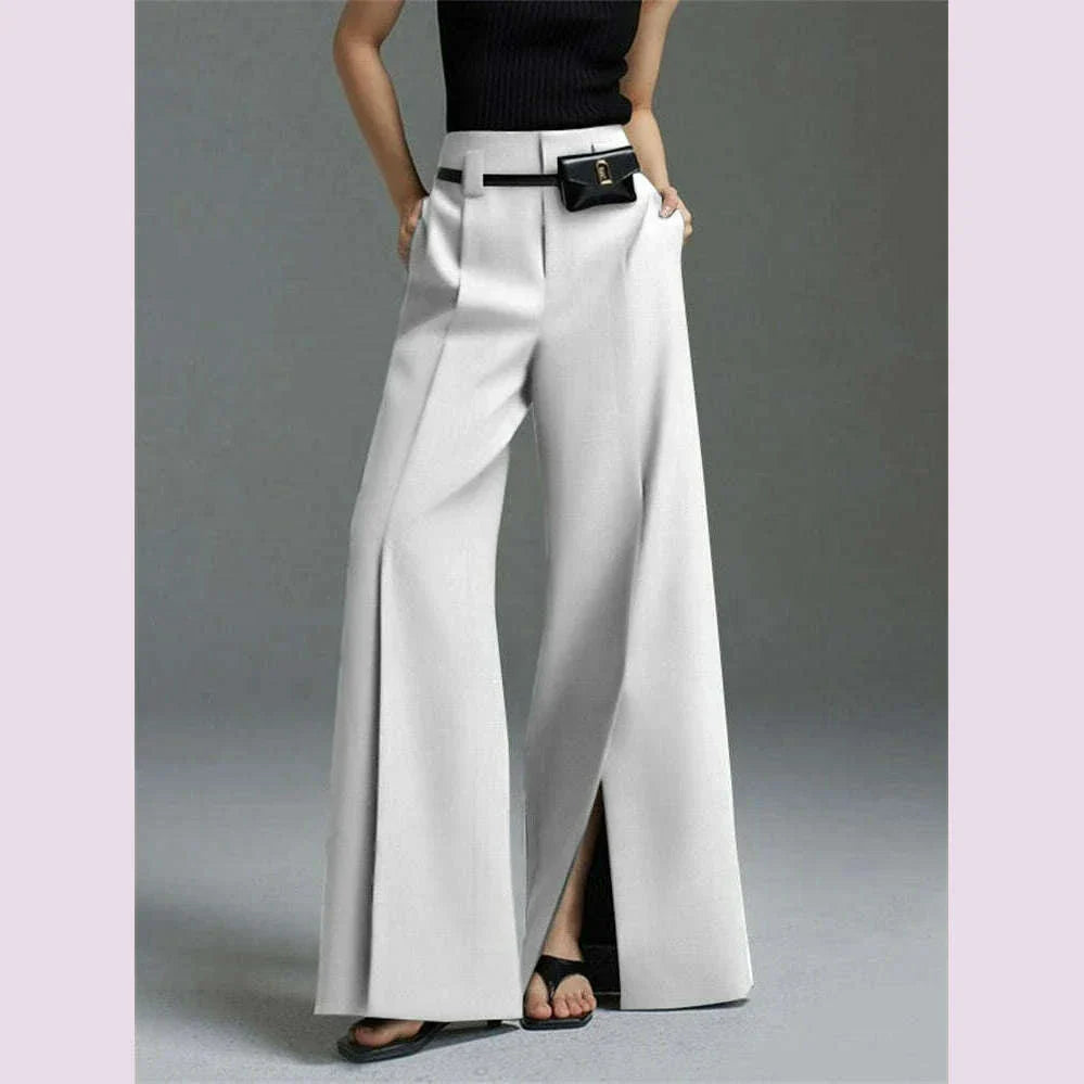 Yeezzi Urban Female Suit Pants 2024 New Fashion Black White Color Loose Straight Pant High-Waisted Pleated Split-Front Trousers