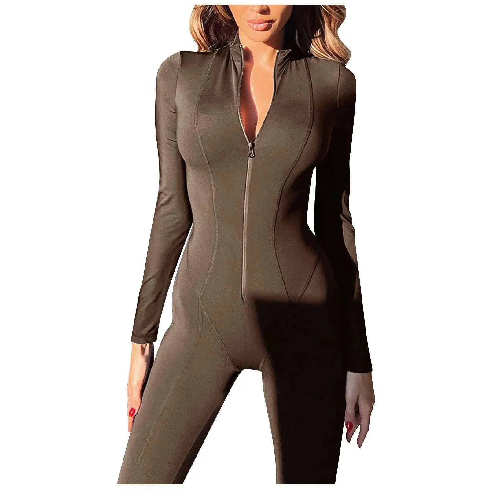 Stitching Sports Slim Casual Jumpsuit Full Length For Women Sport Yoga Knitted Round Neck Zipper Long Sleeve Women'S Jumpsuit