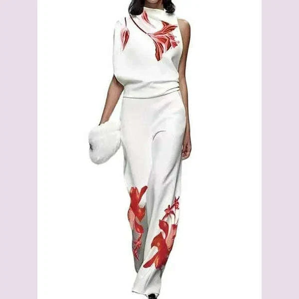 Two Piece Sets High Waist Wide Leg Trousers Outfits Matching Sets Suit Women Solid Turtleneck Sleeveless Tops Print Loose Pant
