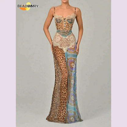 Summer Beach Leopard Print Dress Sexy Lace Split Patchwork Chiffon Dresses Women Elegant Sleeveless Backless Beach Evening Gowns