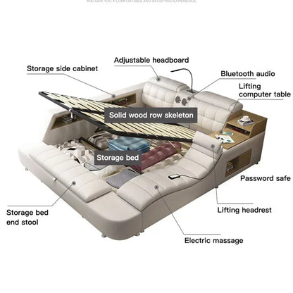 -Genuine Leather Bed Frame Soft Beds Massager Storage Safe Speaker Led Light Bedroom Recharging Bluetooth Safe Usb
