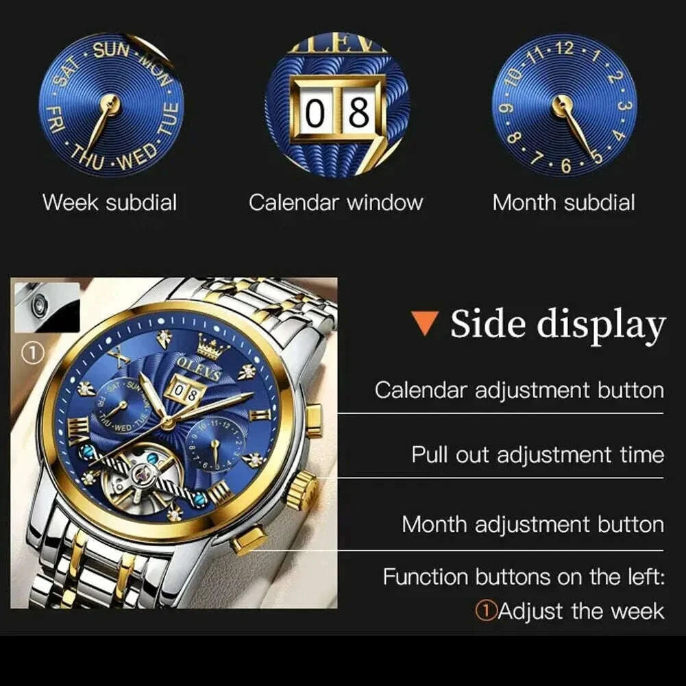 OLEVS 9910 Tourbillon Automatic Watch for Men Luxury Skeleton Men's Mechanical Wristwatch Stainless Steel Top Original Man Watch