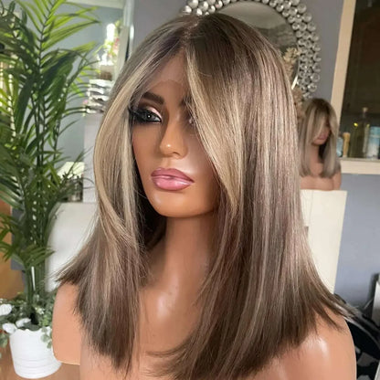 Highlight wig Natural Brown Lace front Wig For White Women Medium Long Wig Silky Straight  High Quality