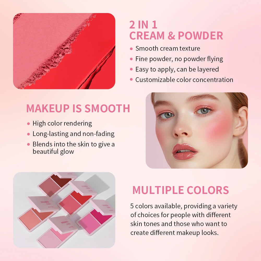 2in1 Cream & Powder Blush Matte Dewy Rosy Blush Makeup Pan Long-lasting Wearing High Pigment Natural Matte Blush Palette