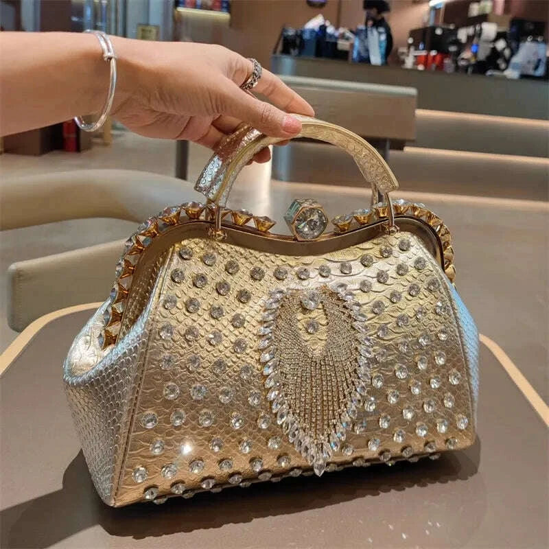 Spring rivet crystal horizontal large-capacity metal buckle handbag banquet dress versatile one-shoulder cross-body women's bag