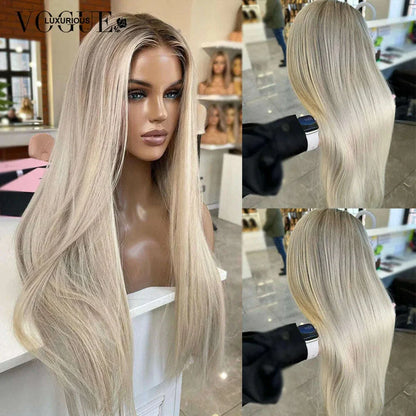 Cream Blonde Straight 100% Real Human Hair Wig Ash Blonde 200% Density Salon Hair Coloring Wig 13x6 Lace Front Wig For Women