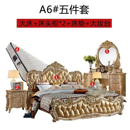 Luxury Gold Double Bed King Size Solid Wood Bedroom Set for Adults, Modern Princess Design Comfort Mattress