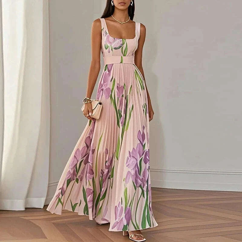 Summer Square Collar Floral Print Fold Dress Womens Sexy High Waist Sling Long Dresses Summer Off Shoulder Hollow Boho Dresses