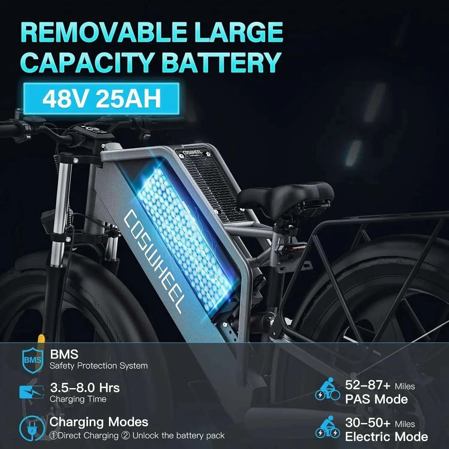 COSWHEEL 26Inch Electric Bike Off Road Mountain bike Electric Motorcyle Fat bike E Bike 1500w 48V 25Ah Removabel Battery