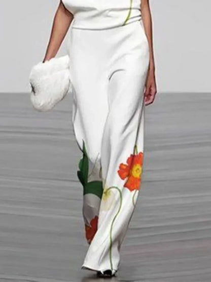 Krisstarsgirls 2025 Women Elegant Floral Printed Suits Sleeveless High Neck Vest Tops & High Waisted Loose Woman Leg Pants Sets