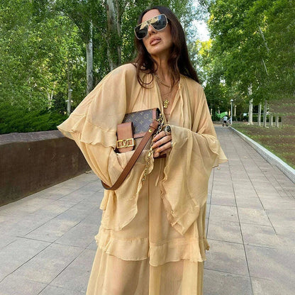 Tornova Chiffon Ruffled Long Dress For Women Flared Sleeves Long Sleeve V-Neck High Waist Dress Female Summer Casual Loose Dress