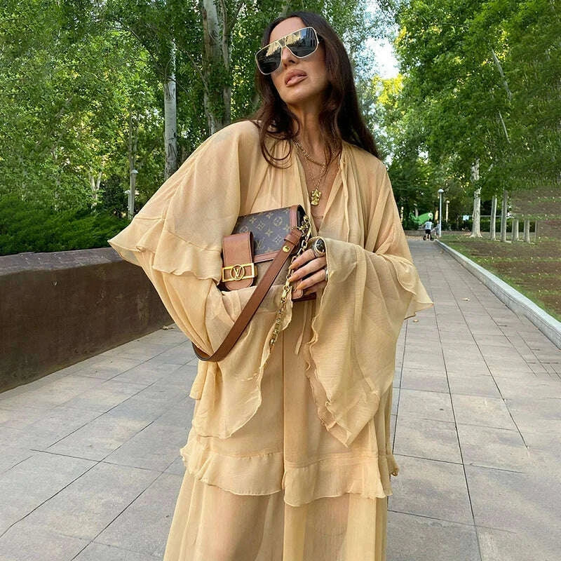 Tornova Chiffon Ruffled Long Dress For Women Flared Sleeves Long Sleeve V-Neck High Waist Dress Female Summer Casual Loose Dress