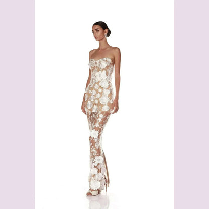 Luxurious 3D Flowers Chest Wrapping Dresses Spring Women High Waist Zipper Knee Length Dress Female Sleeveless Backless Dress
