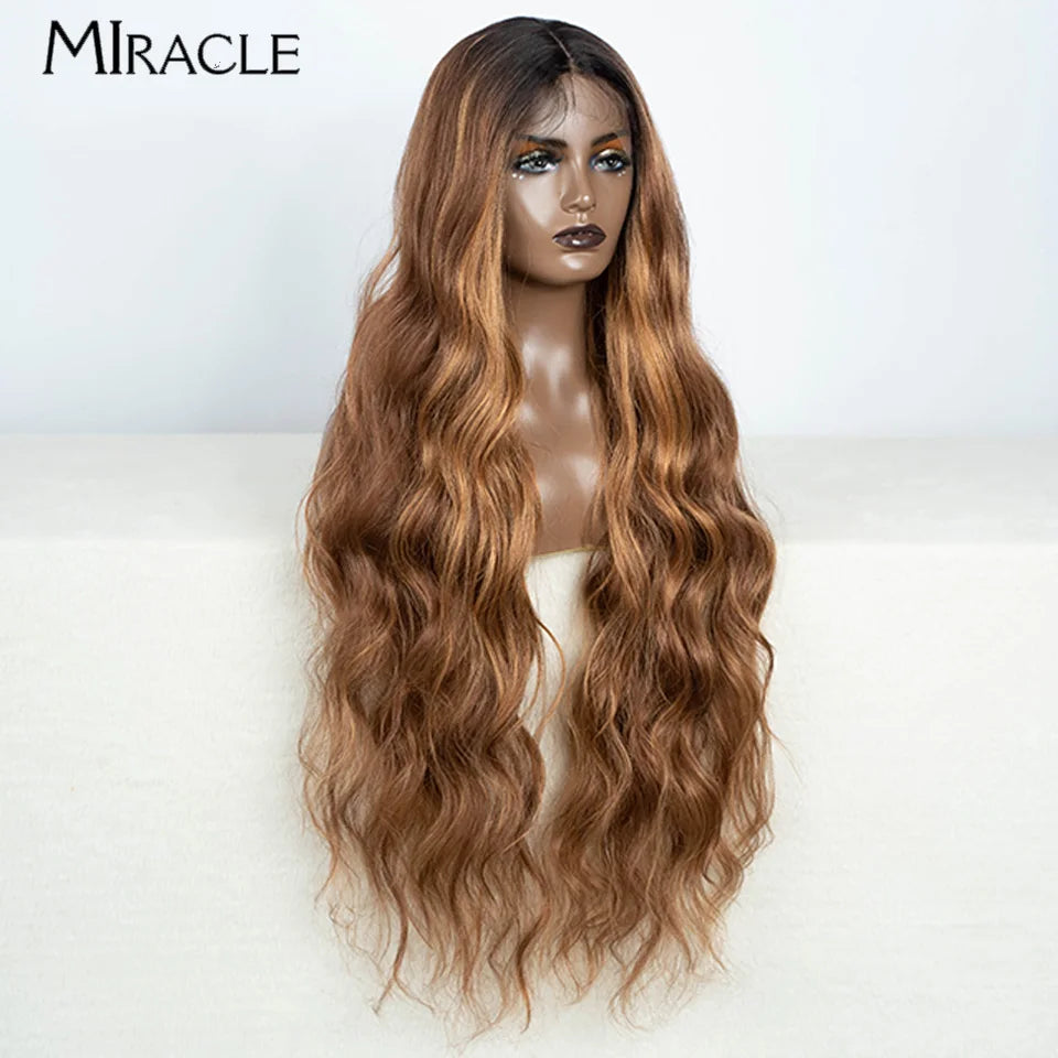 MIRACLE Synthetic 34 Inch Lace Front Wig for Women Ombre Blonde Loose Wave Wigs Famale Cosplay Wig Long Lace Wigs Wavy Fake Hair