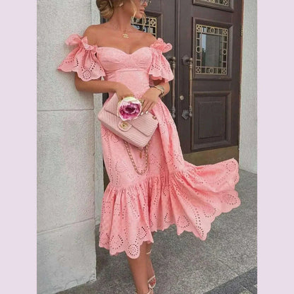 Dress Women Off Shoulder Mid Length Dresses Solid Dot Sexy Splice Tight High Waist V Neck A Line Elegant Slim Fit Vestidos