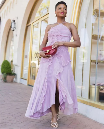 Mozision Elegant Off-shoulder Ruffle Sexy Maxi Dress Women Fashion Halter Sleeveless Backless Draped Pleated Club Party Dress