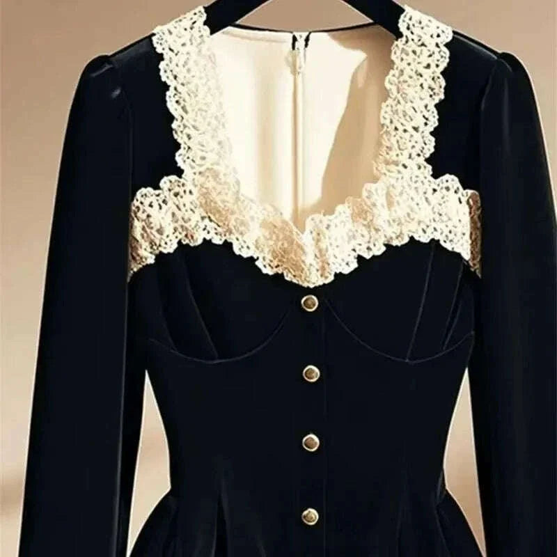Luxury French Black Velvet Shirt Square Collar Lace Patchwork Blouse Women Slim Waist Zipper Tops Autumn Royal Style Office Lady