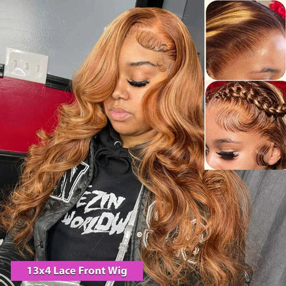 Highlight 13x6 Hd Lace Body Wave Frontal Wig Brazilian Colored Highlight Human Hair Wigs For Women 4/27 Blonde Pre Plucked Wigs
