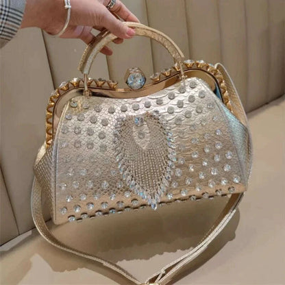Spring rivet crystal horizontal large-capacity metal buckle handbag banquet dress versatile one-shoulder cross-body women's bag