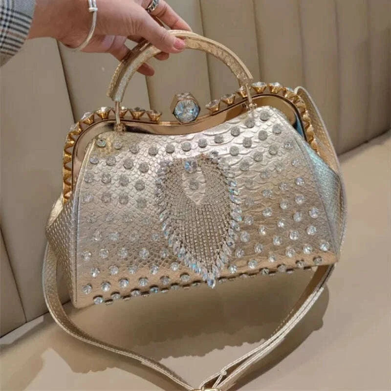 Spring rivet crystal horizontal large-capacity metal buckle handbag banquet dress versatile one-shoulder cross-body women's bag