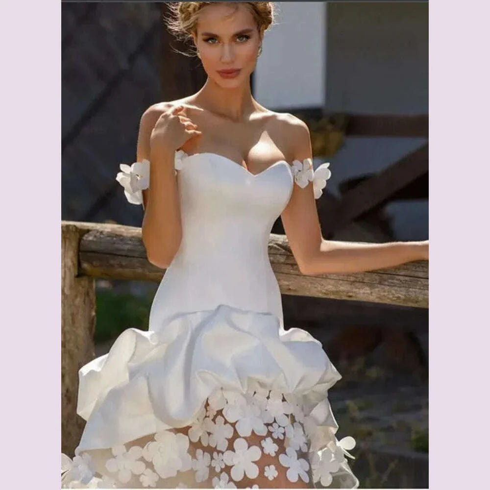 Sexy Strapless 3D Flower Off Shoulder Short Mermaid Wedding Dresses For Women  Tie Up Off Back Knee Length Homecoming Dress