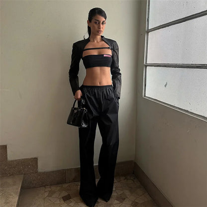BOOFEENAA Crop PU Leather Jacket Women with Tube Top Two Piece Set Streetwear Fashion Black Coats Winter Clothes C71-CH22