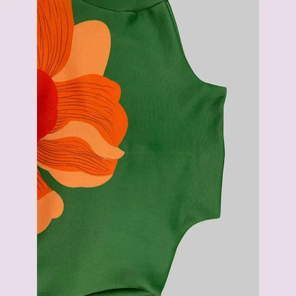Gymystars Flower Print Midi Dresses Urban Long Sleeves Dress for Women Casual Loose A-Line Zipper High Neck Green Party Dresses