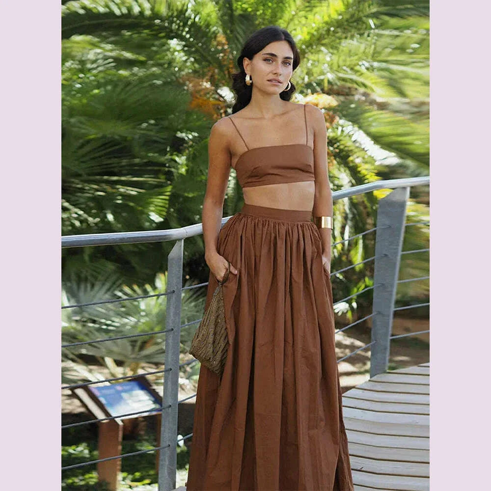 Women Tube Top Skirt Set Sexy Off Shoulder Suspenders Blouse Loose Elastic Waist Skirts Female Suits 2025 Summer Lady Outwear