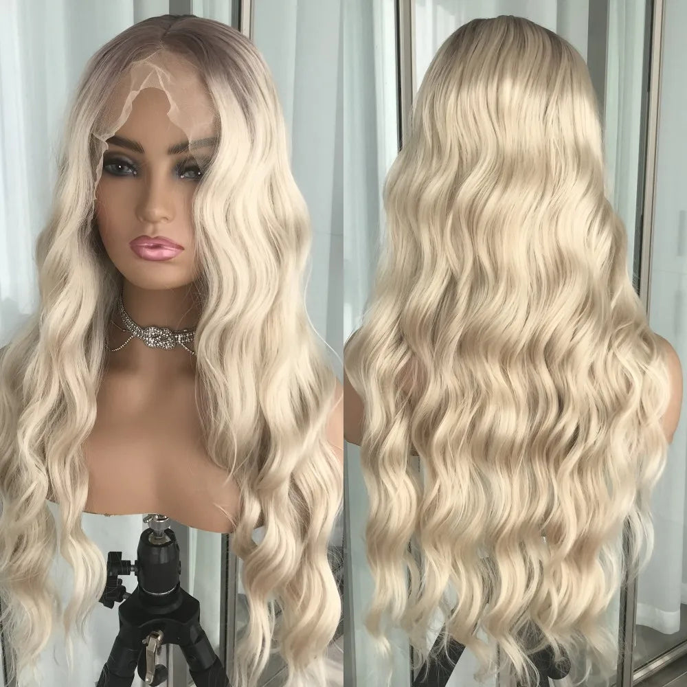 Long Wavy Synthetic Lace Front Wig Highlight Blonde Natural Wave Transparent Pre Plucked Heat Resistant Fiber Wig for Women